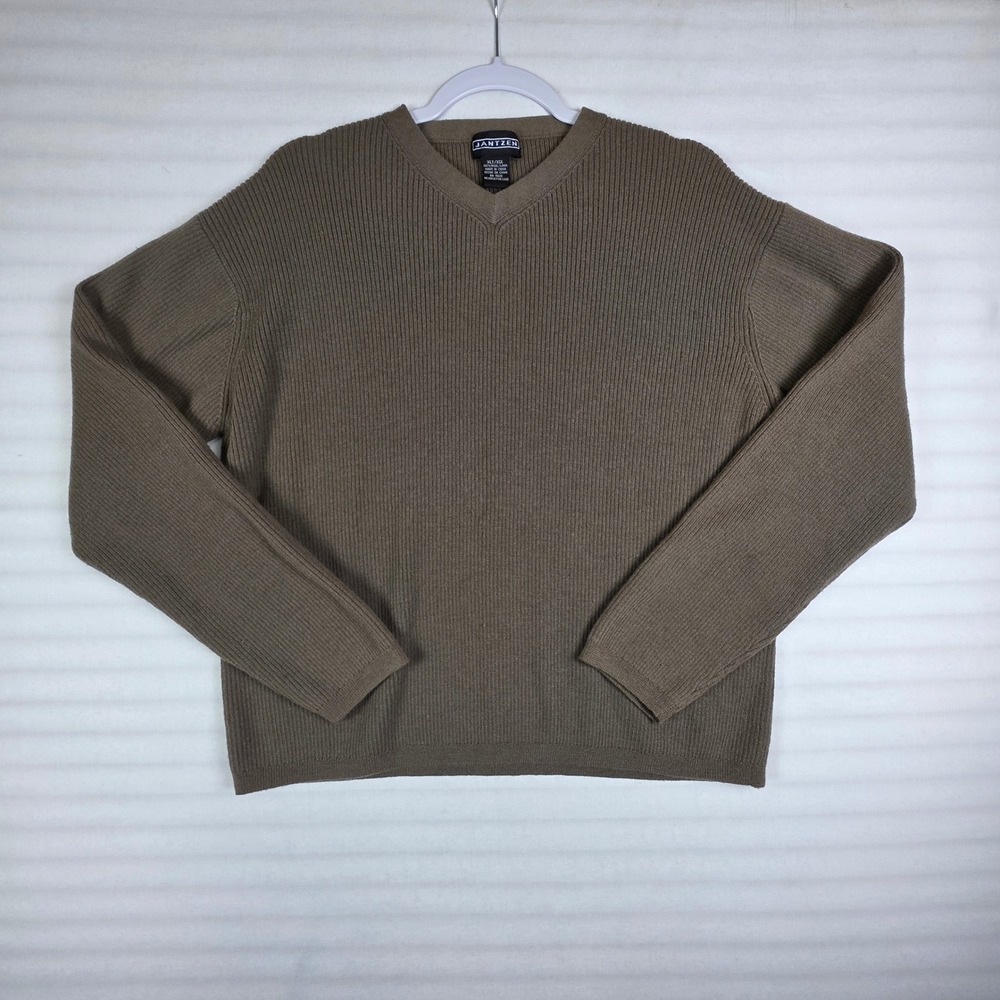 Vintage Jantzen V-Neck Sweater Brown Ribbed Knit Oversized XLT Minimalist Grunge